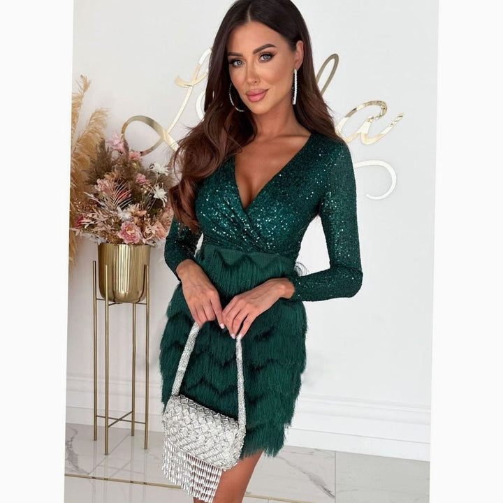 Women's Sequin Fringe Christmas Party Mini Dress Long Sleeve V-Neck - Green