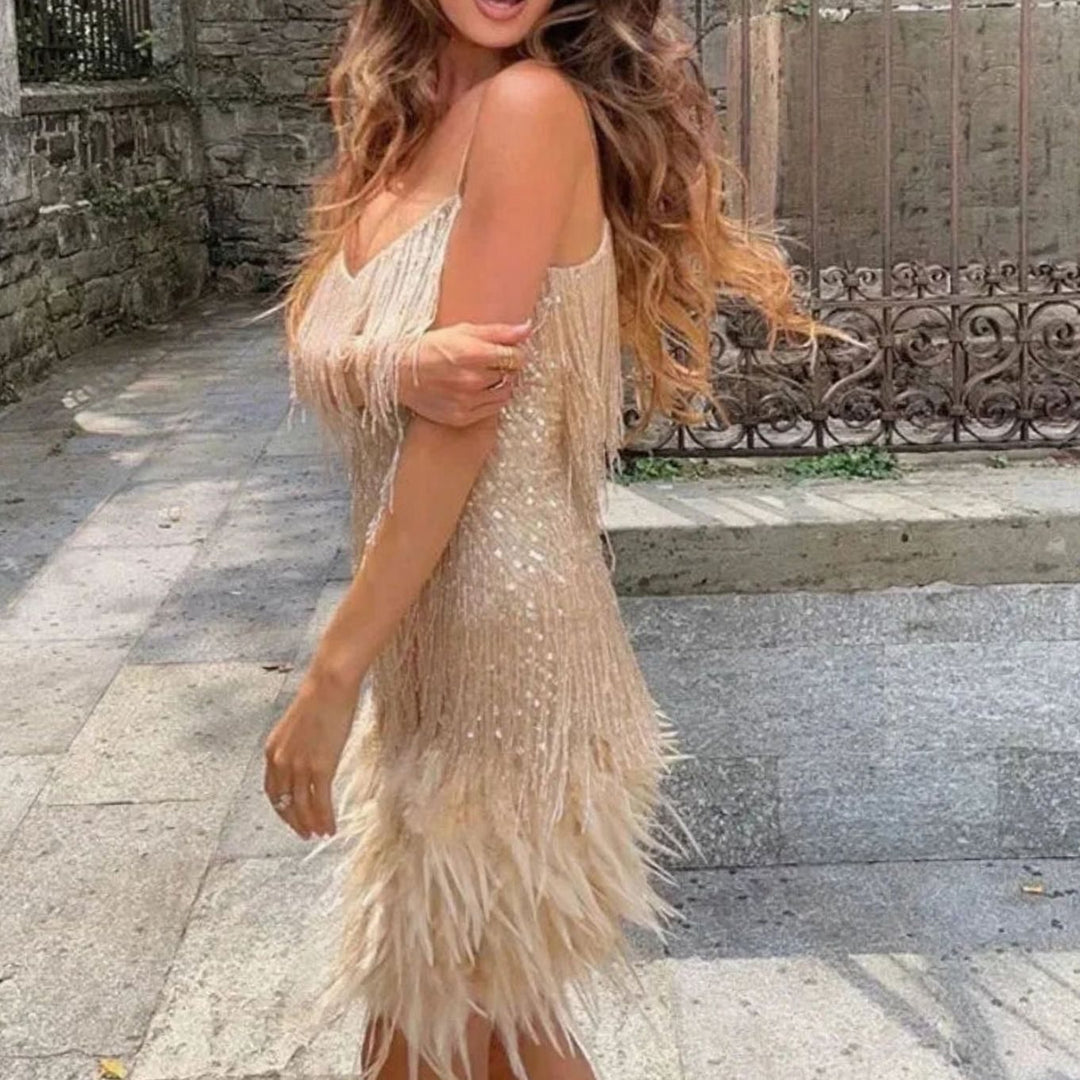 Women's Sequin Fringe Feather-Hem Spaghetti Strap Mini Dress
