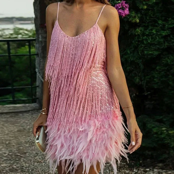 Women's Sequin Fringe Feather-Hem Spaghetti Strap Mini Dress - Pink