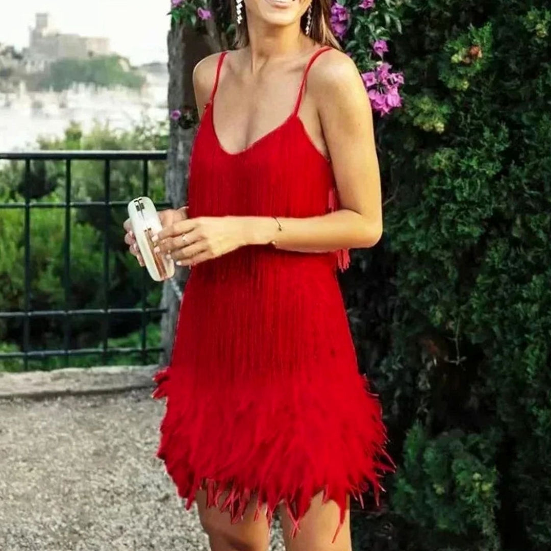 Women's Sequin Fringe Feather-Hem Spaghetti Strap Mini Dress - Red
