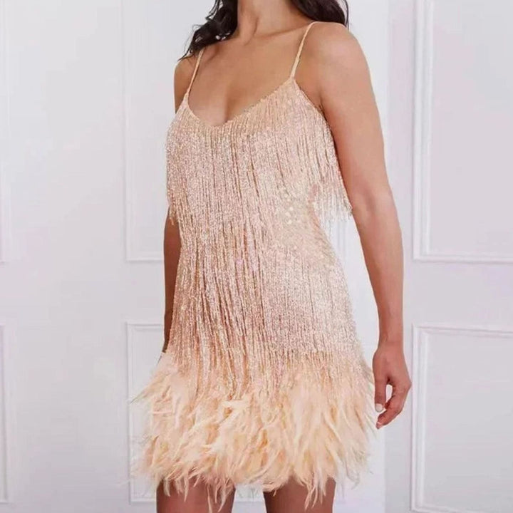 Women's Sequin Fringe Feather-Hem Spaghetti Strap Mini Dress