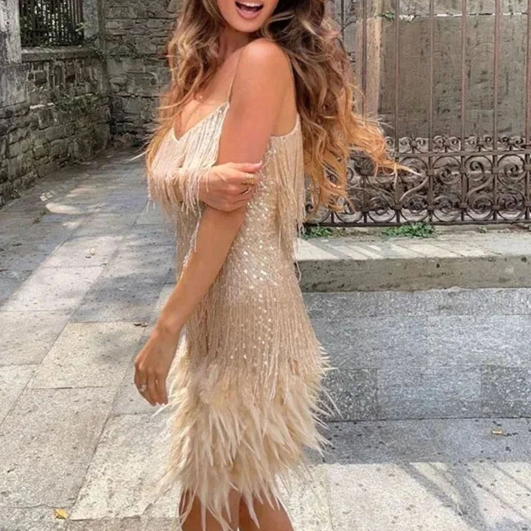 Women's Sequin Fringe Feather-Hem Spaghetti Strap Mini Dress