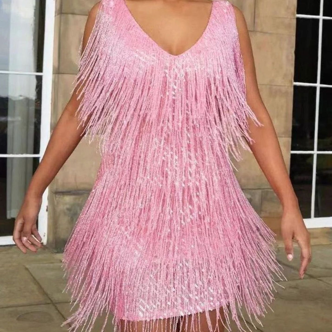 Women's Sequin Fringe V-Neck Black Mini Christmas Party Dress - Pink