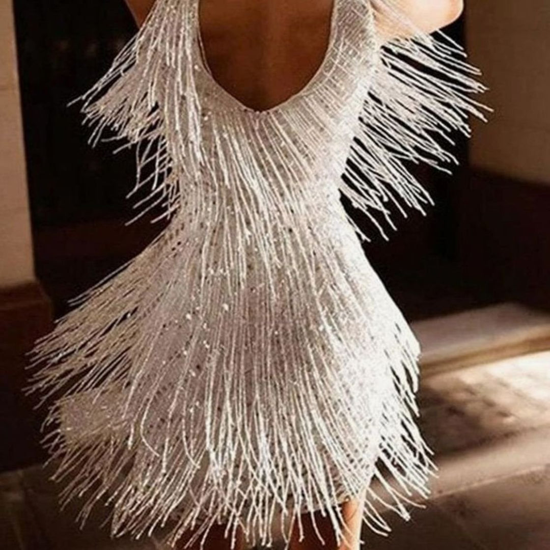 Women's Sequin Fringe V-Neck Black Mini Christmas Party Dress