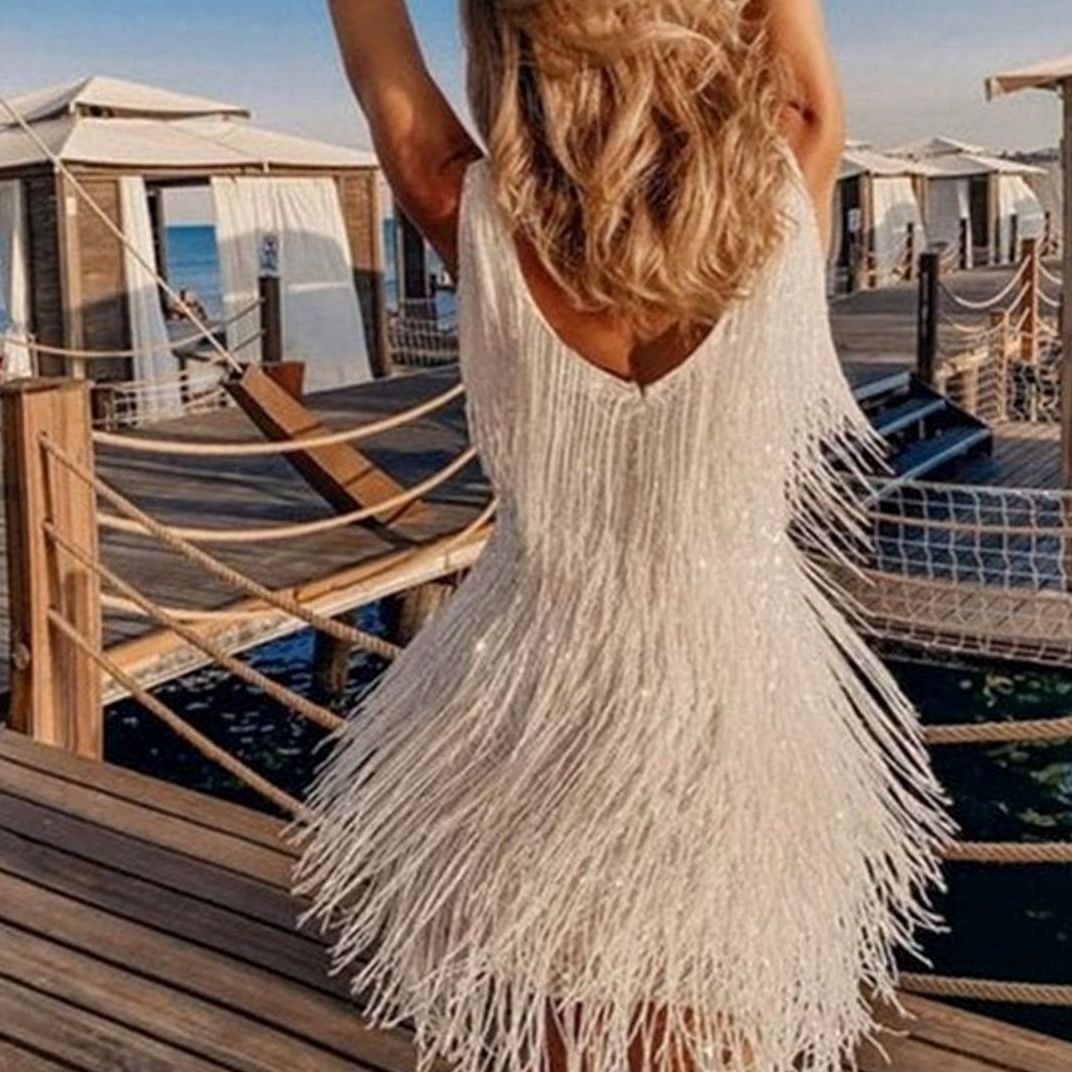 Women's Sequin Fringe V-Neck Black Mini Christmas Party Dress