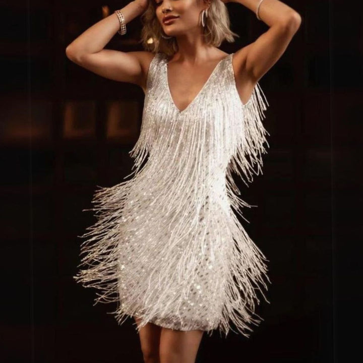 Women's Sequin Fringe V-Neck Black Mini Christmas Party Dress