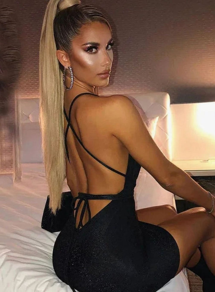 Women's Sequin Halter Deep V-Neck Backless Bodycon Mini Dress