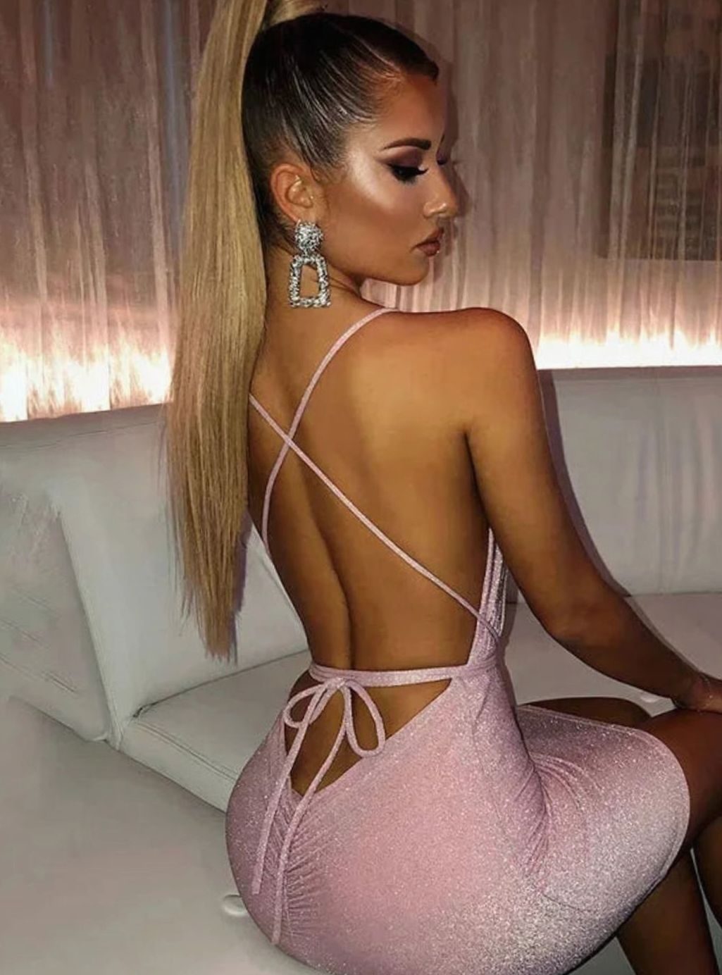 Women's Sequin Halter Deep V-Neck Backless Bodycon Mini Dress