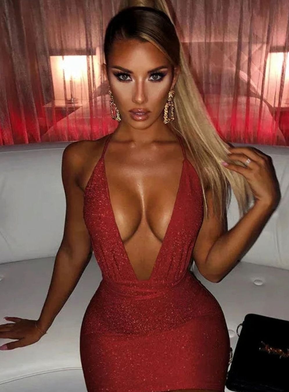Women's Sequin Halter Deep V-Neck Backless Bodycon Mini Dress - Red