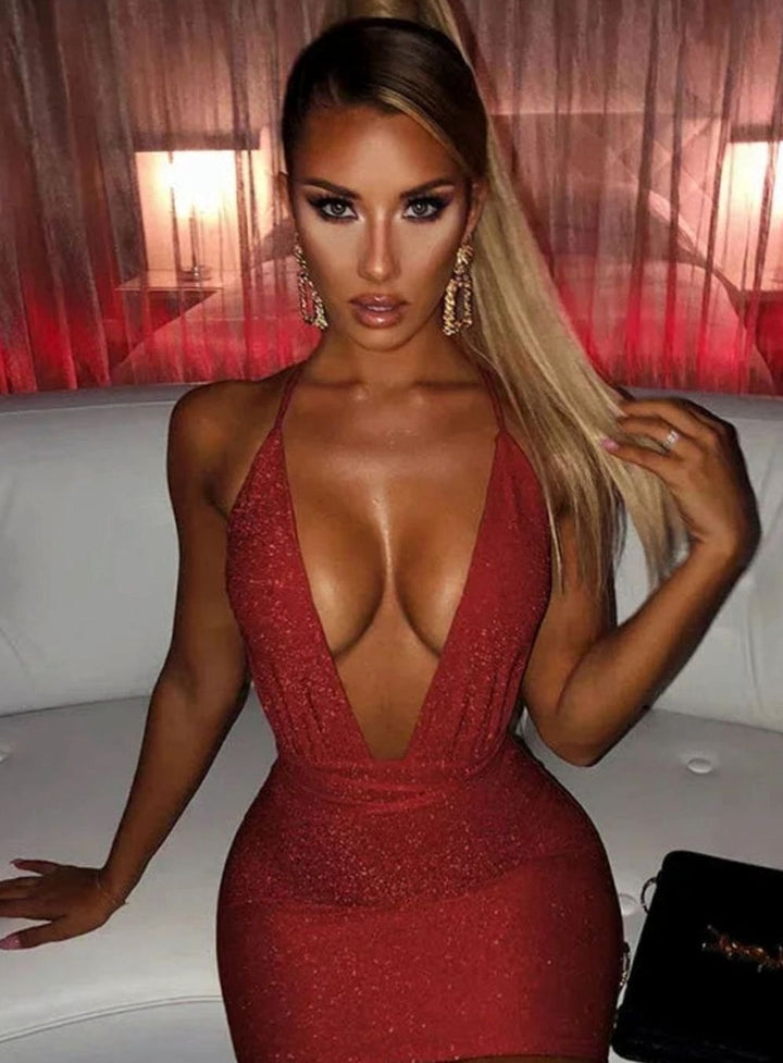 Women's Sequin Halter Deep V-Neck Backless Bodycon Mini Dress - Red