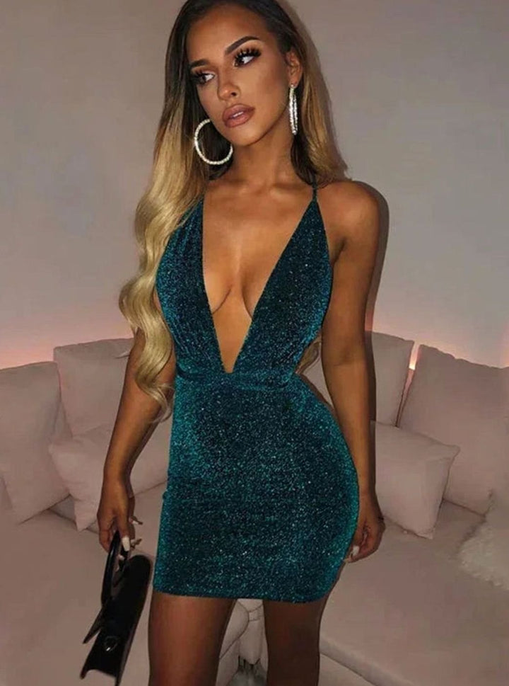 Women's Sequin Halter Deep V-Neck Backless Bodycon Mini Dress
