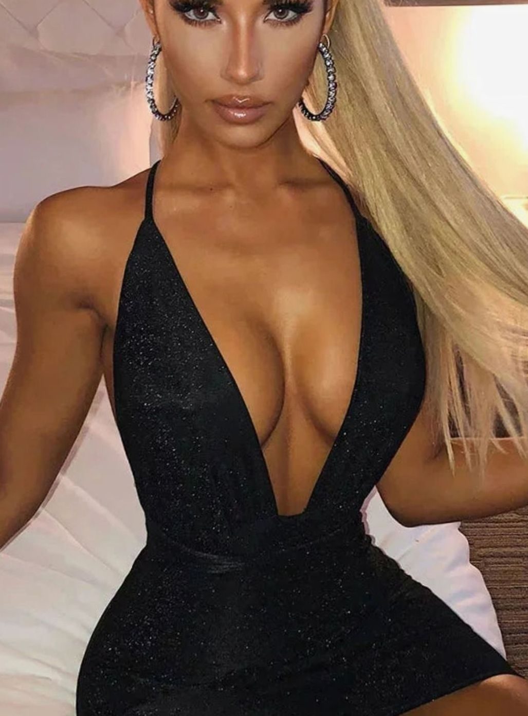 Women's Sequin Halter Deep V-Neck Backless Bodycon Mini Dress - Black