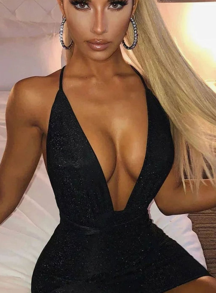 Women's Sequin Halter Deep V-Neck Backless Bodycon Mini Dress - Black