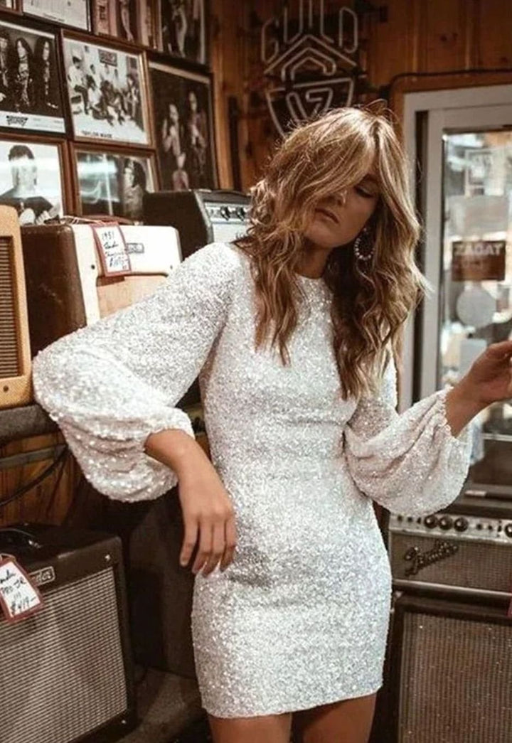 Women's Sequin Long-Sleeve High-Neck Christmas Party Mini Dress