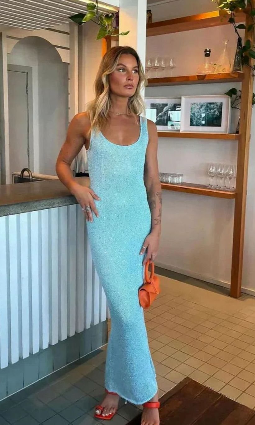 Women's Sequin Maxi Dress Sleeveless Scoop-Neck Body-Con - Blue