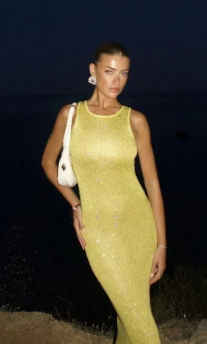 Women's Sequin Maxi Dress Sleeveless Scoop-Neck Body-Con - Yellow