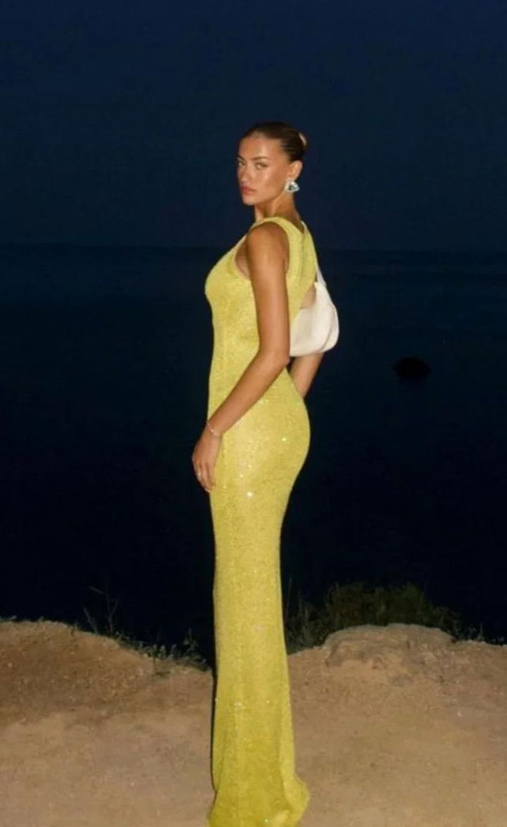 Women's Sequin Maxi Dress Sleeveless Scoop-Neck Body-Con