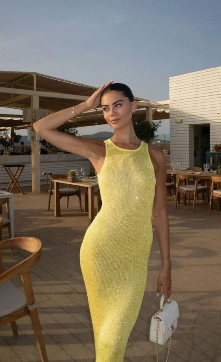 Women's Sequin Maxi Dress Sleeveless Scoop-Neck Body-Con