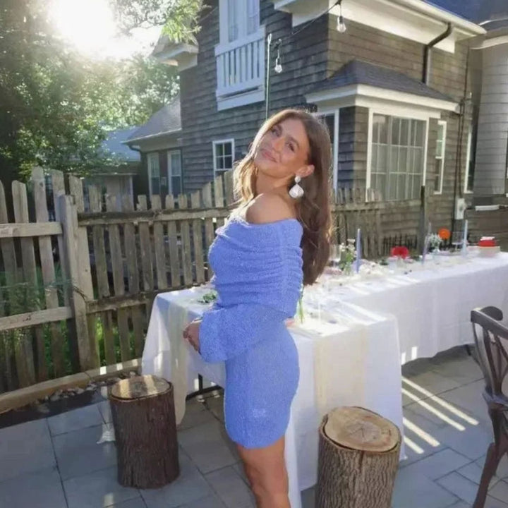 Women's Sequin Off-Shoulder Long Sleeve Bodycon Mini Dress