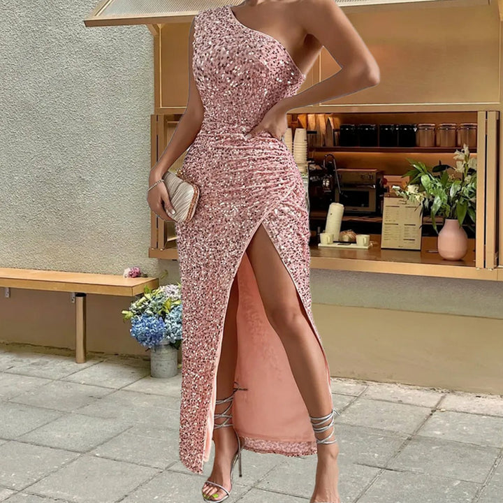 Women's Sequin One-Shoulder High-Slit Christmas Party Maxi Dress - Pink