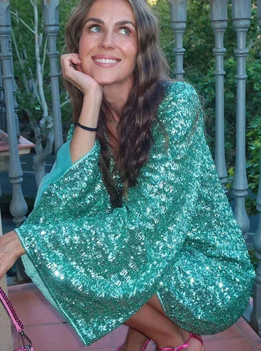 Women's Sequin Plunging V-Neck Flared Sleeve Mini Christmas Party Dress