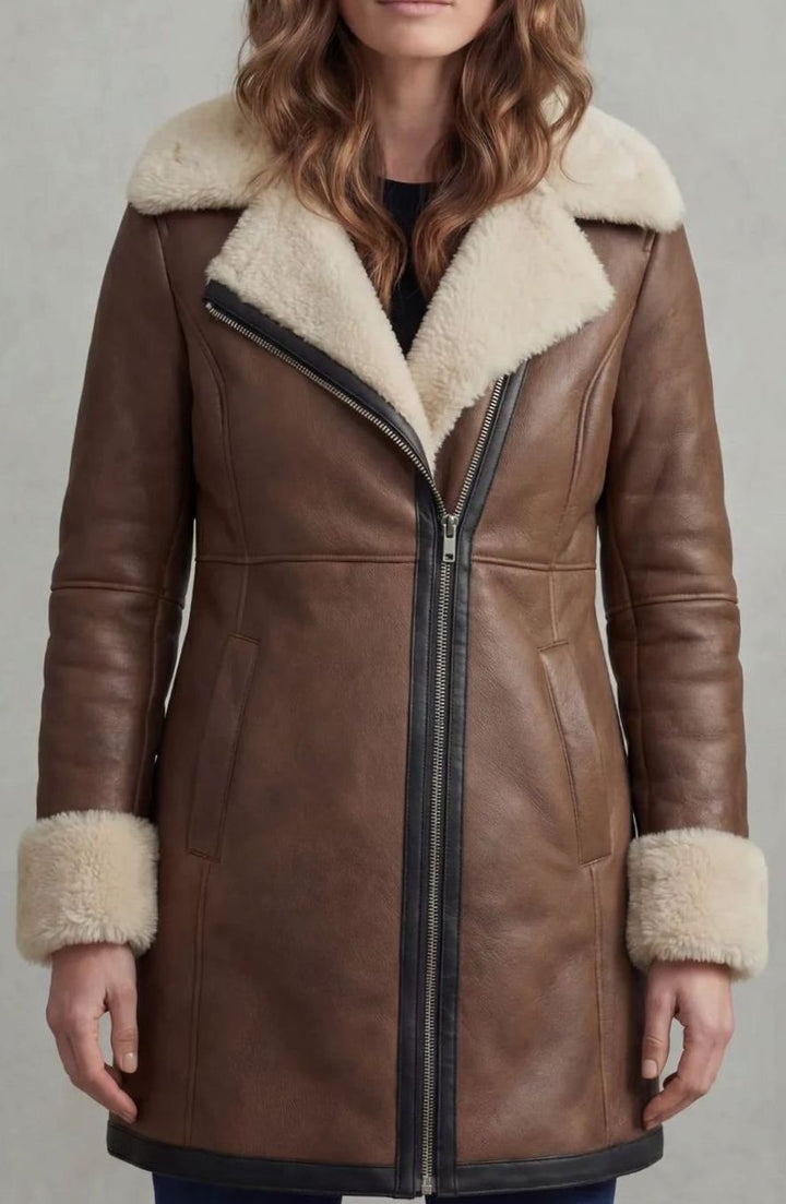 Women's Shearling-Collar Zip-Front Leather Winter Coat - Brown