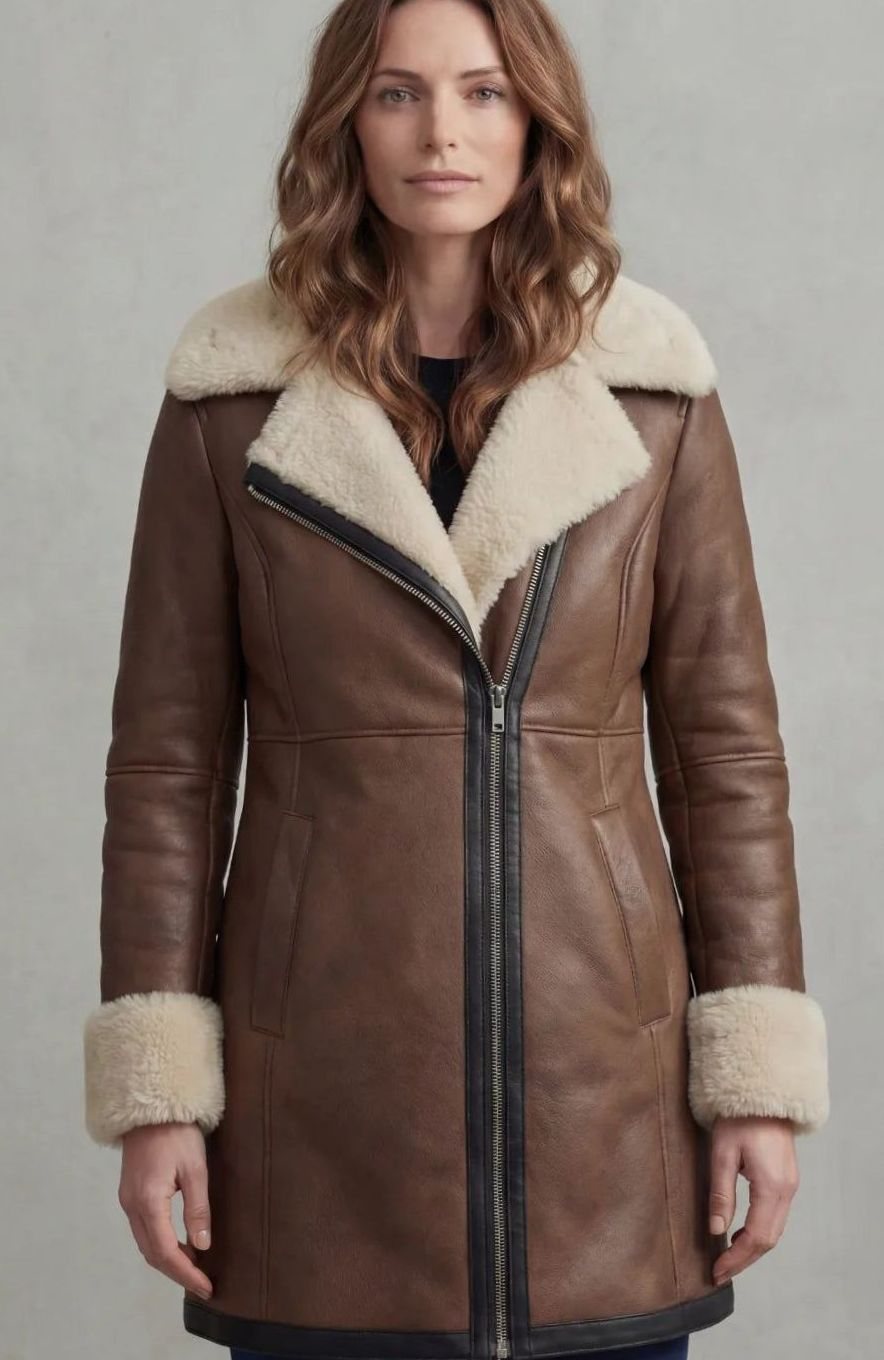 Women's Shearling-Collar Zip-Front Leather Winter Coat