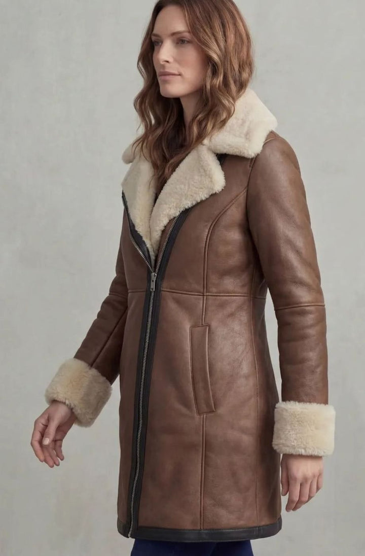 Women's Shearling-Collar Zip-Front Leather Winter Coat