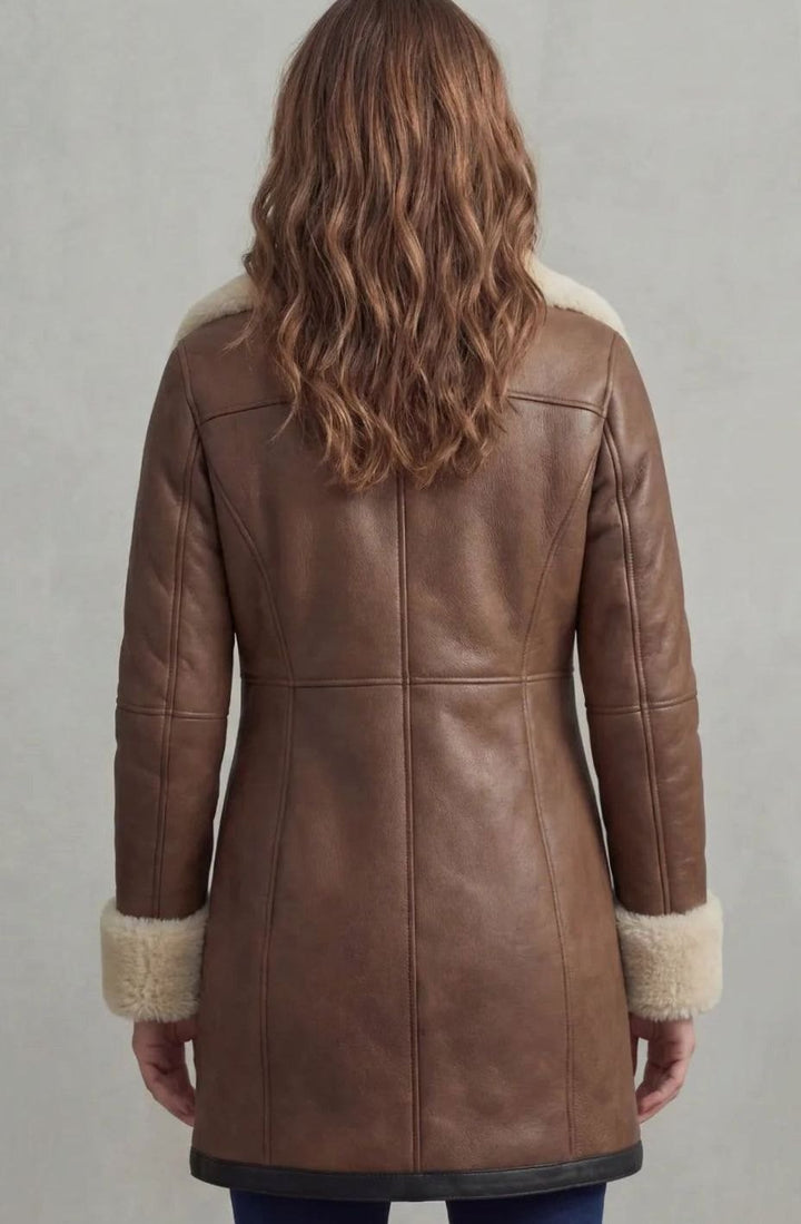 Women's Shearling-Collar Zip-Front Leather Winter Coat