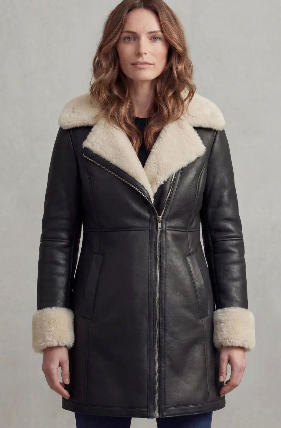 Women's Shearling-Collar Zip-Front Leather Winter Coat