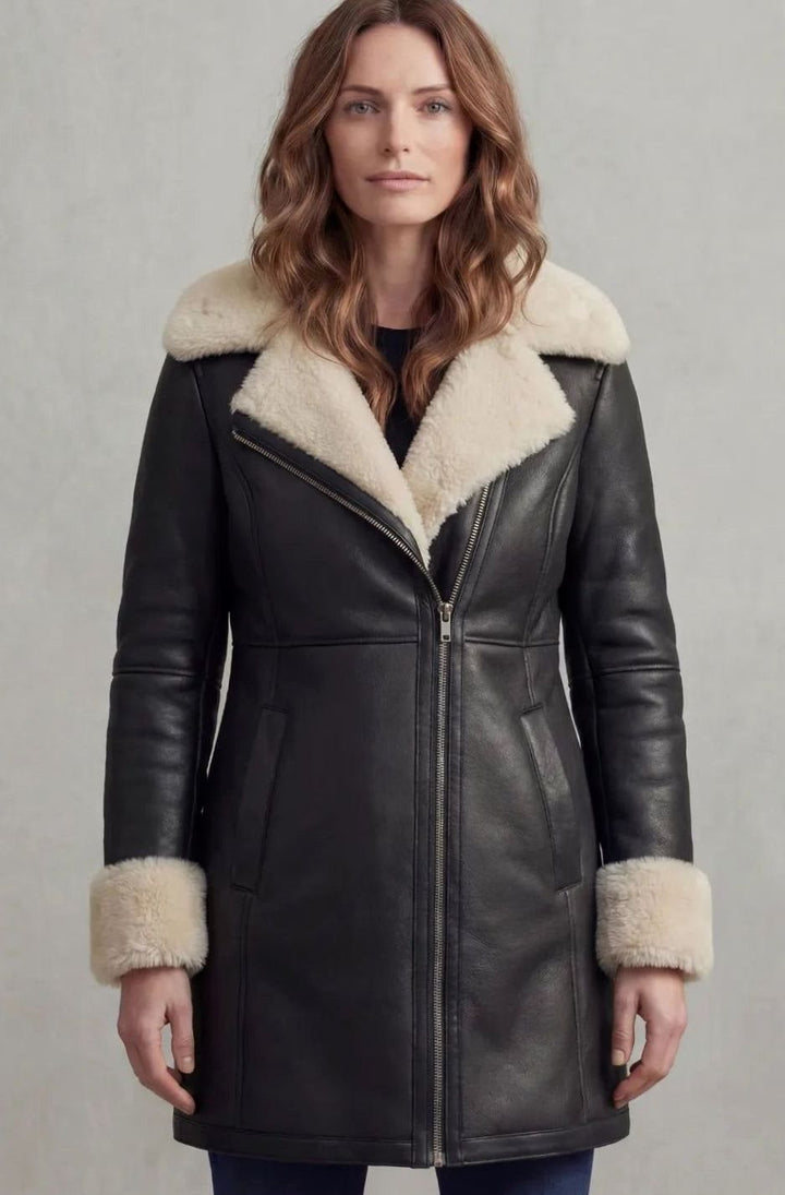 Women's Shearling-Collar Zip-Front Leather Winter Coat