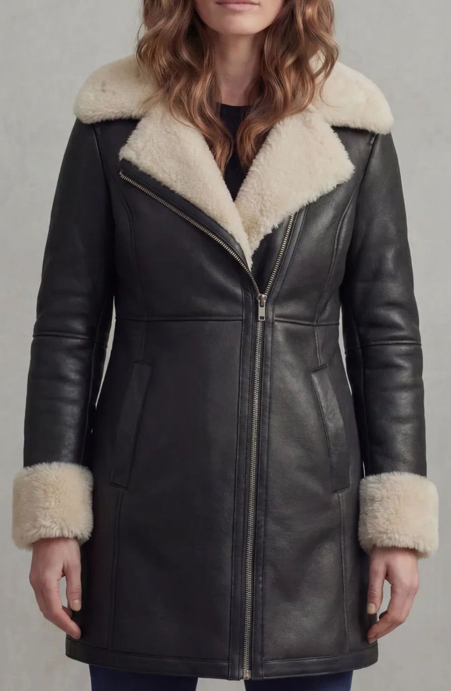Women's Shearling-Collar Zip-Front Leather Winter Coat - Black
