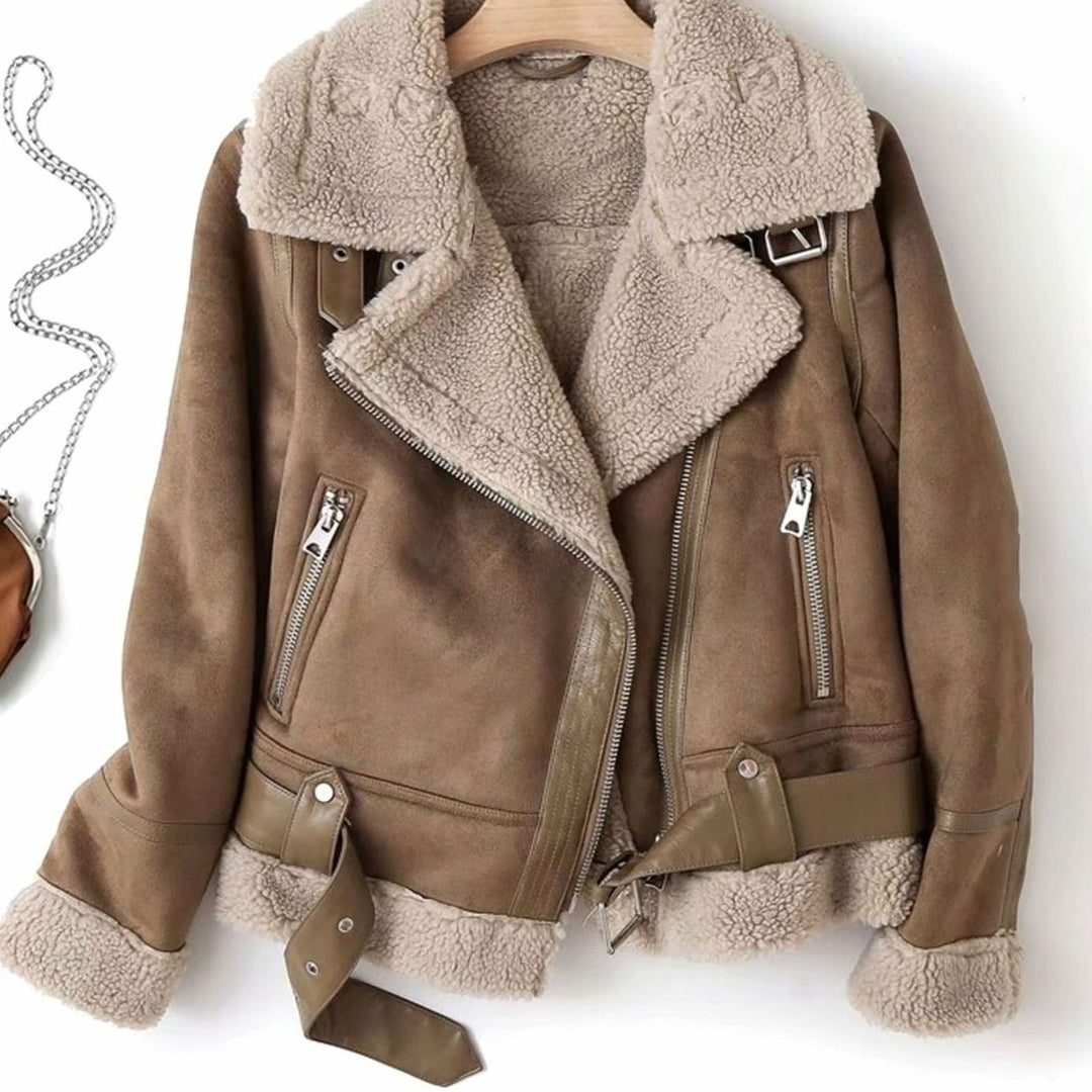 Women's Shearling-Lined Suede Belted Moto Jacket, Tan - Brown