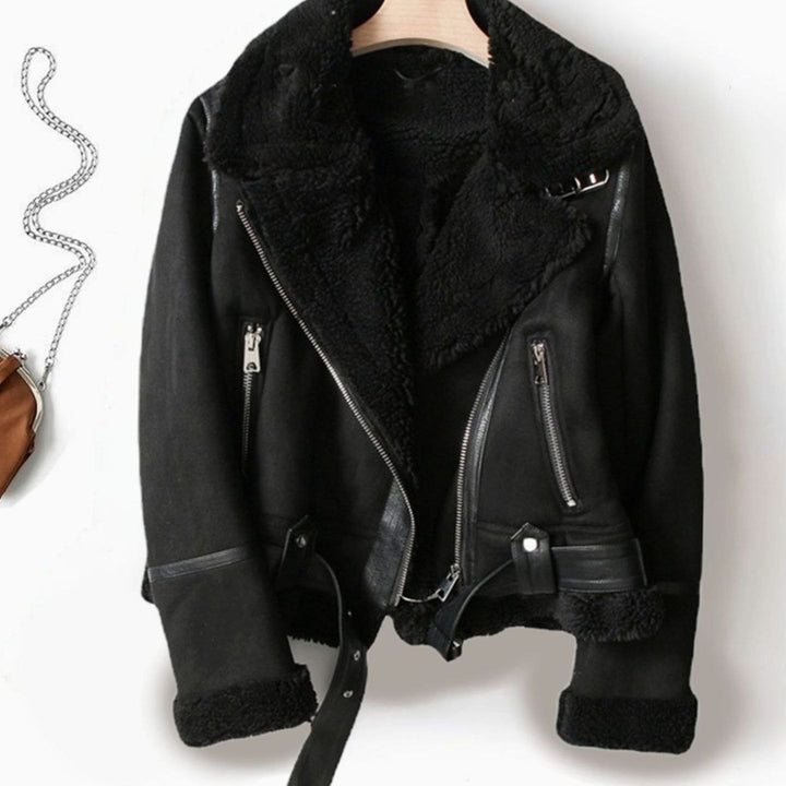 Women's Shearling-Lined Suede Belted Moto Jacket, Tan - Black