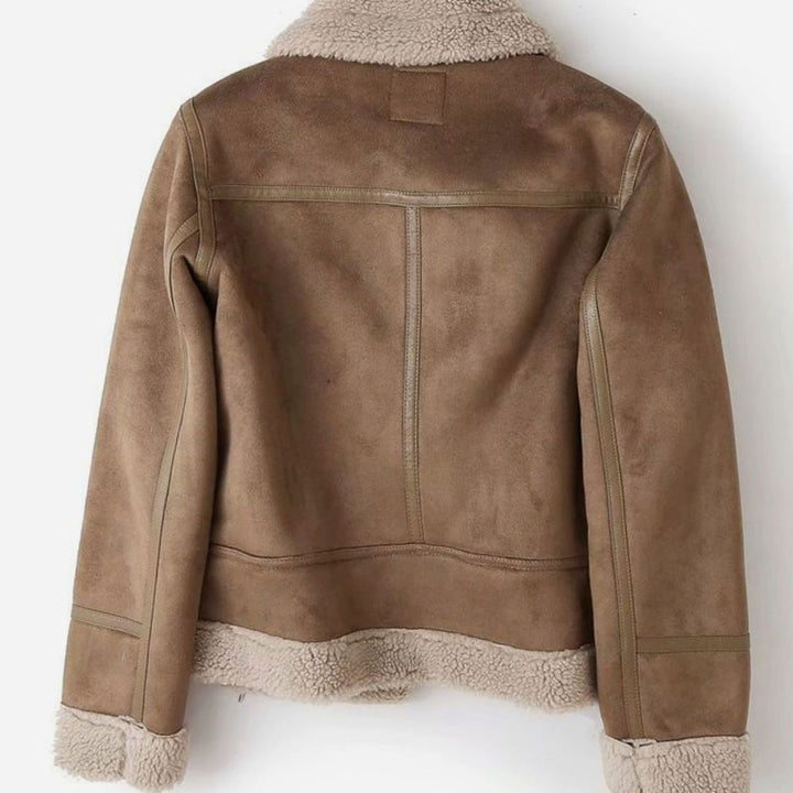 Women's Shearling-Lined Suede Belted Moto Jacket, Tan