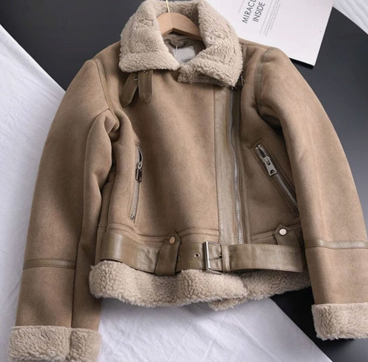 Women's Shearling-Lined Suede Belted Moto Jacket, Tan