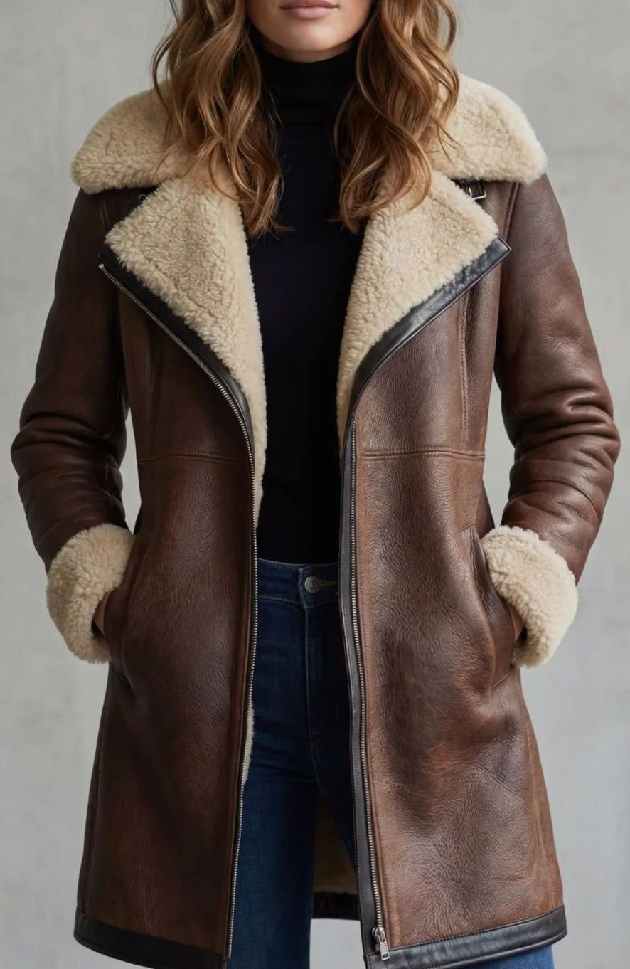 Women's Shearling-Lined Zip-Front Faux Suede Long Coat - Dark Brown