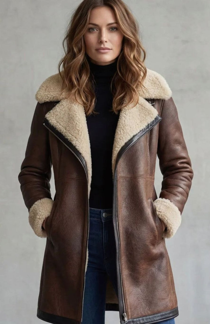 Women's Shearling-Lined Zip-Front Faux Suede Long Coat