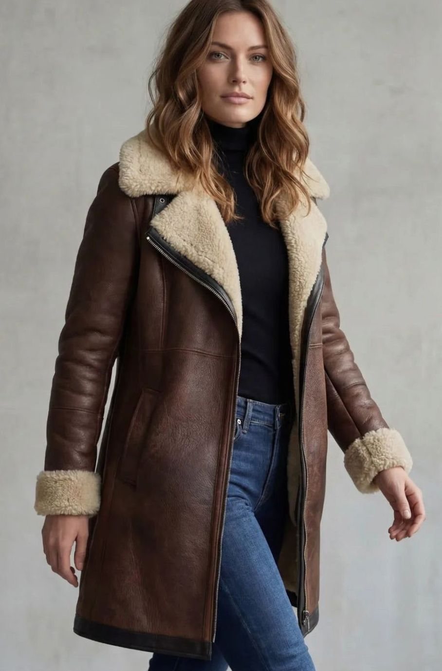 Women's Shearling-Lined Zip-Front Faux Suede Long Coat