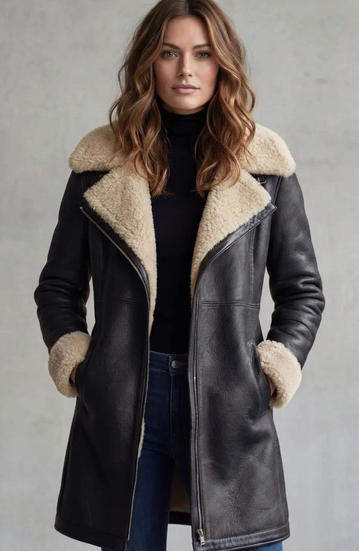 Women's Shearling-Lined Zip-Front Faux Suede Long Coat