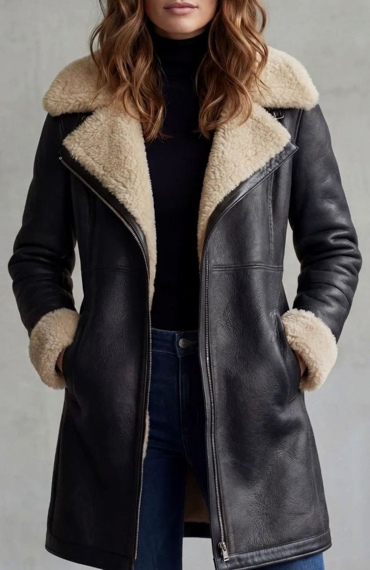Women's Shearling-Lined Zip-Front Faux Suede Long Coat - Black
