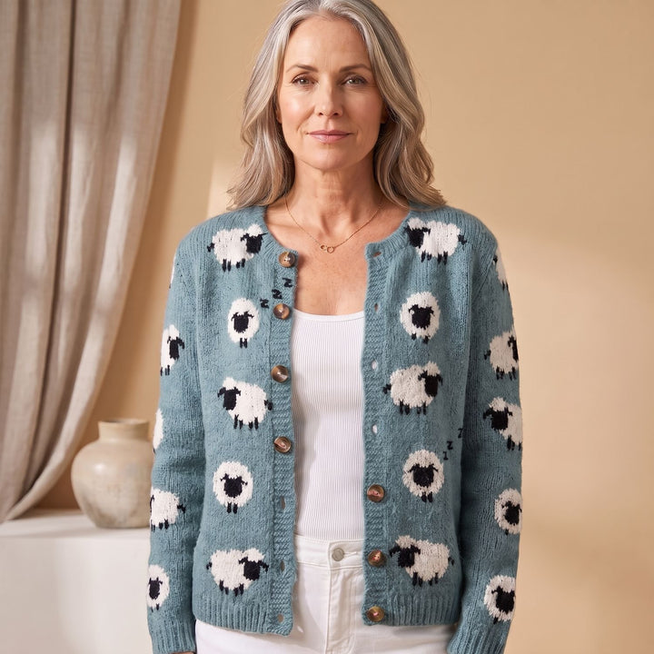 Women's Sheep Print Oversized Open Front Knit Cardigan