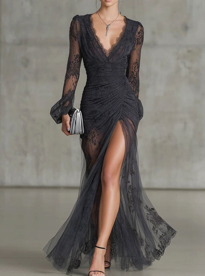Women's Sheer Lace Ruched V-Neck Long Sleeve Maxi Dress - Dark Gray