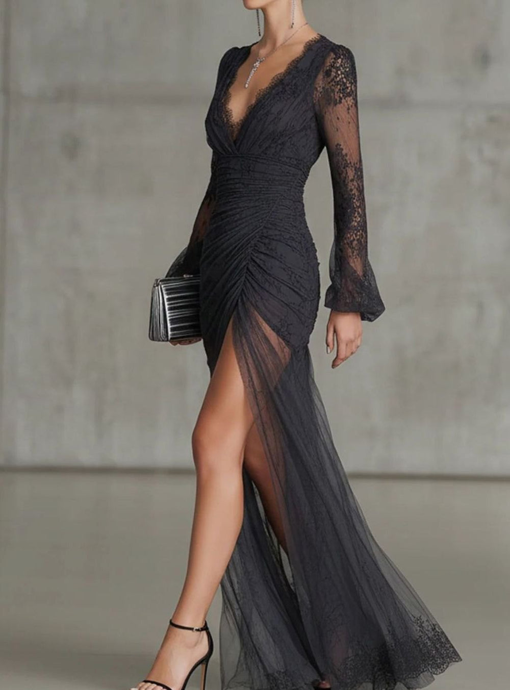 Women's Sheer Lace Ruched V-Neck Long Sleeve Maxi Dress