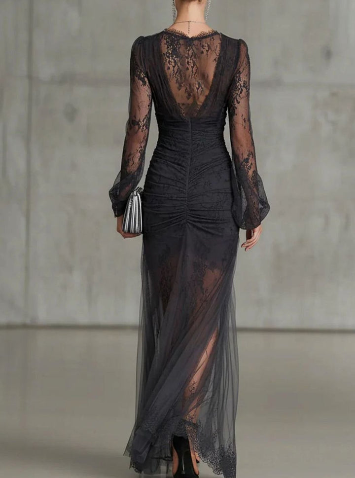 Women's Sheer Lace Ruched V-Neck Long Sleeve Maxi Dress
