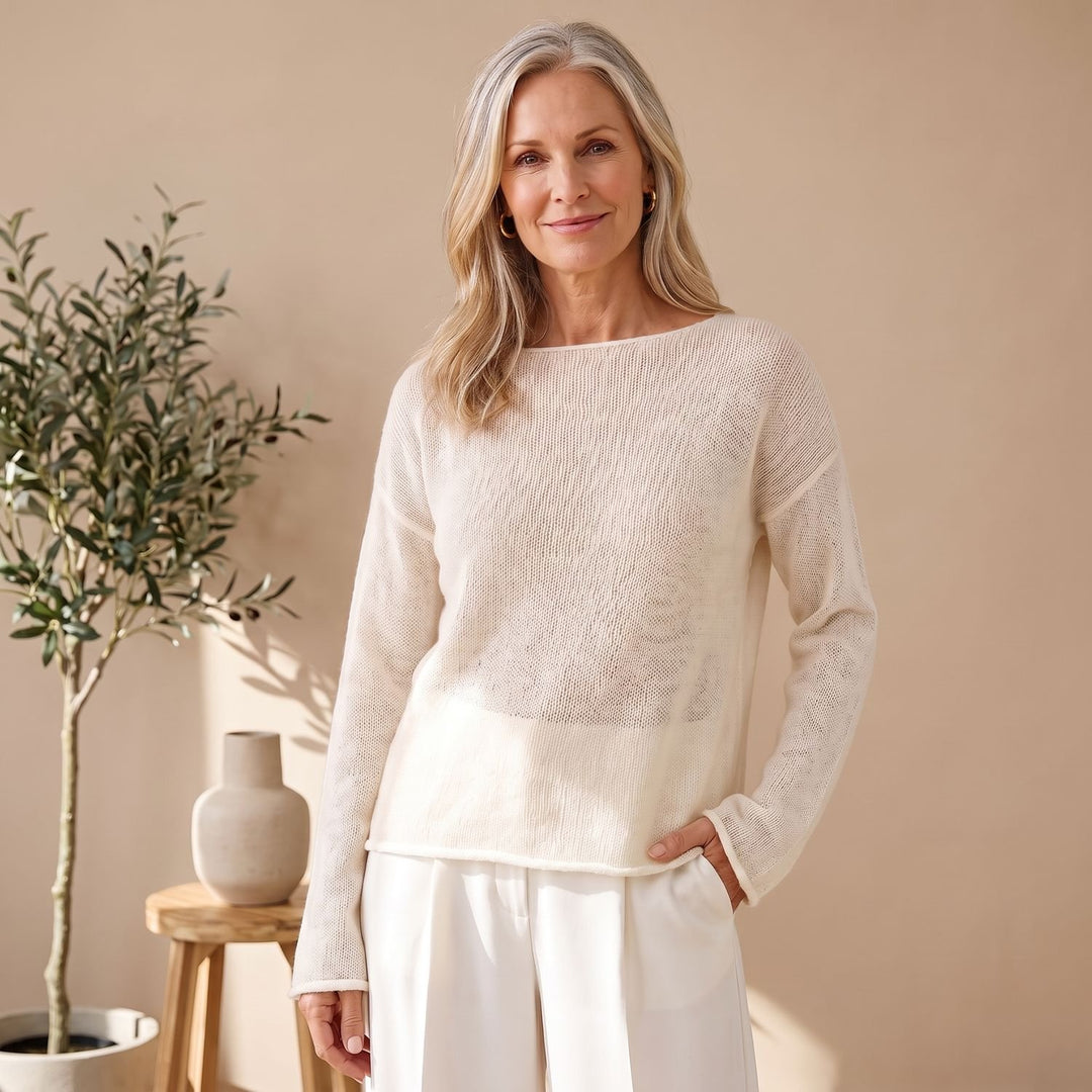 Women's Sheer Textured Knit Boat-Neck Sweater - White