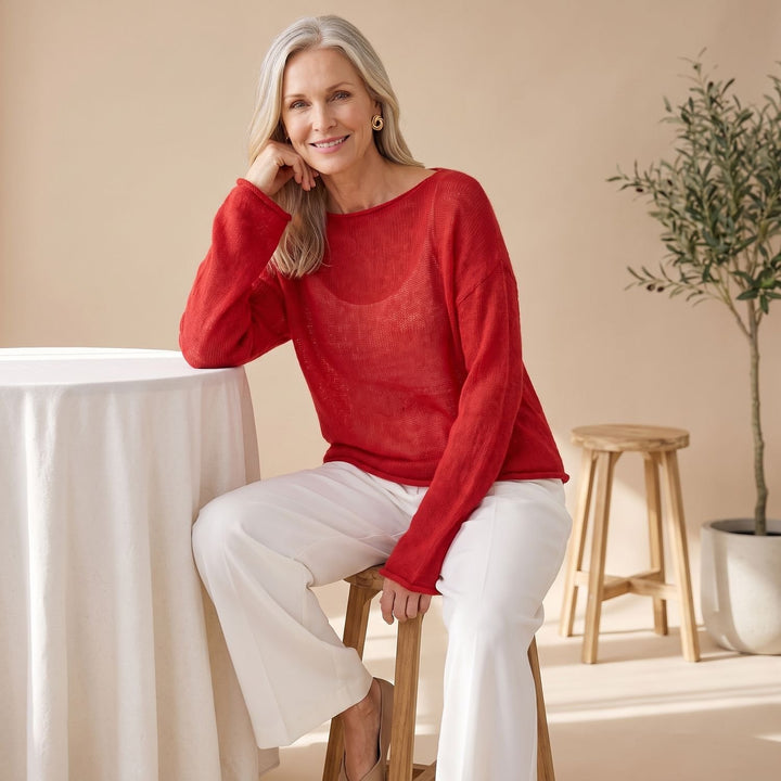 Women's Sheer Textured Knit Boat-Neck Sweater - Red