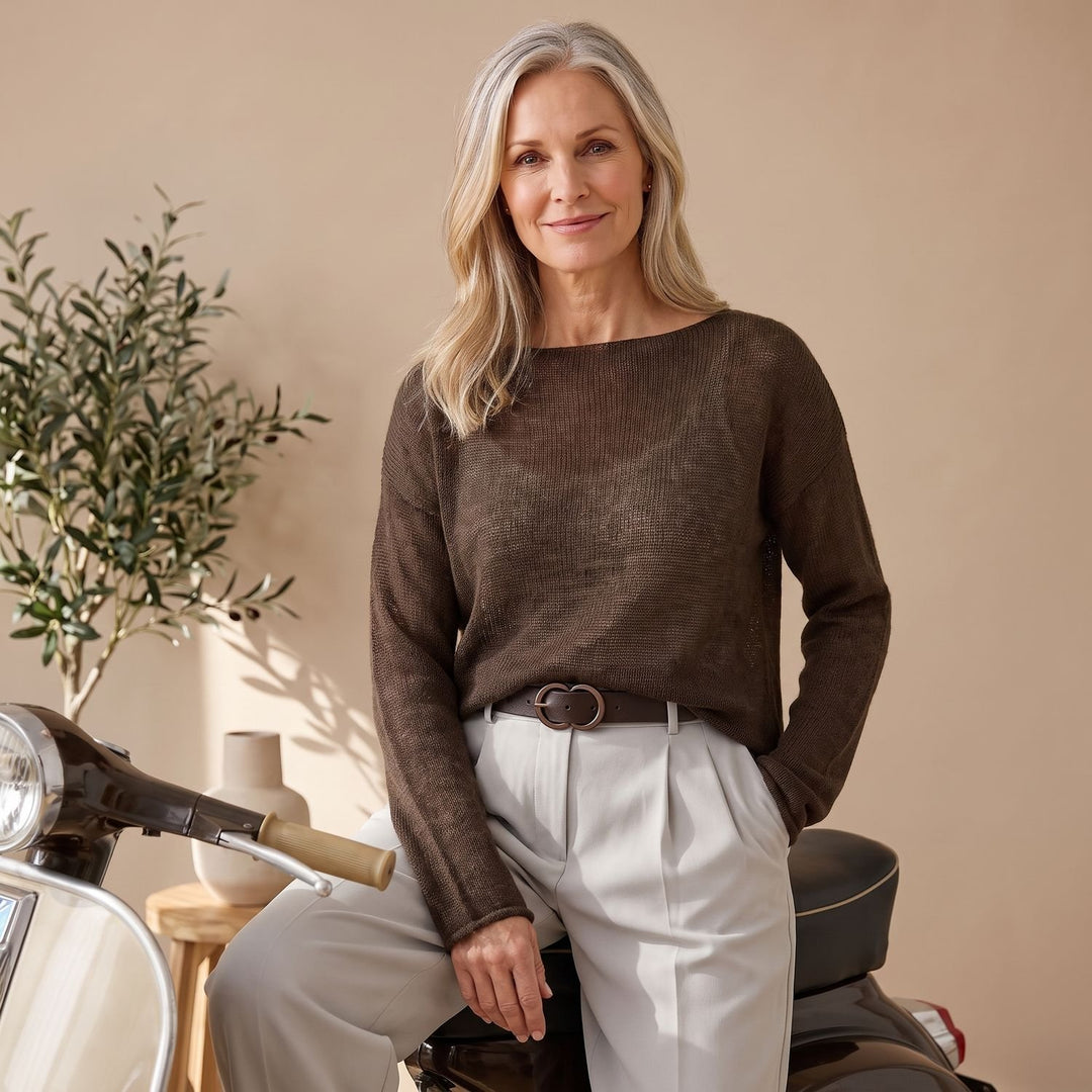 Women's Sheer Textured Knit Boat-Neck Sweater - Dark Brown
