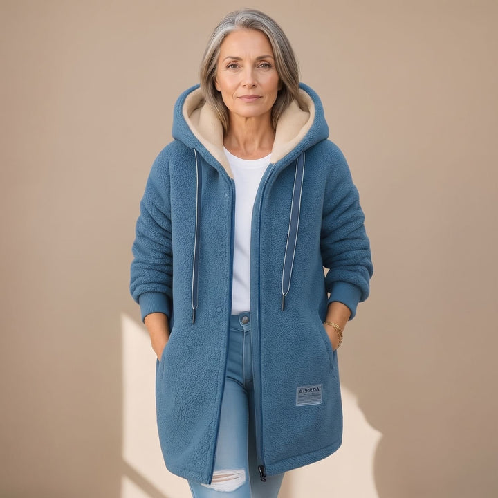 Women's Sherpa Fleece Hooded Zip-Up Long Jacket - Blue