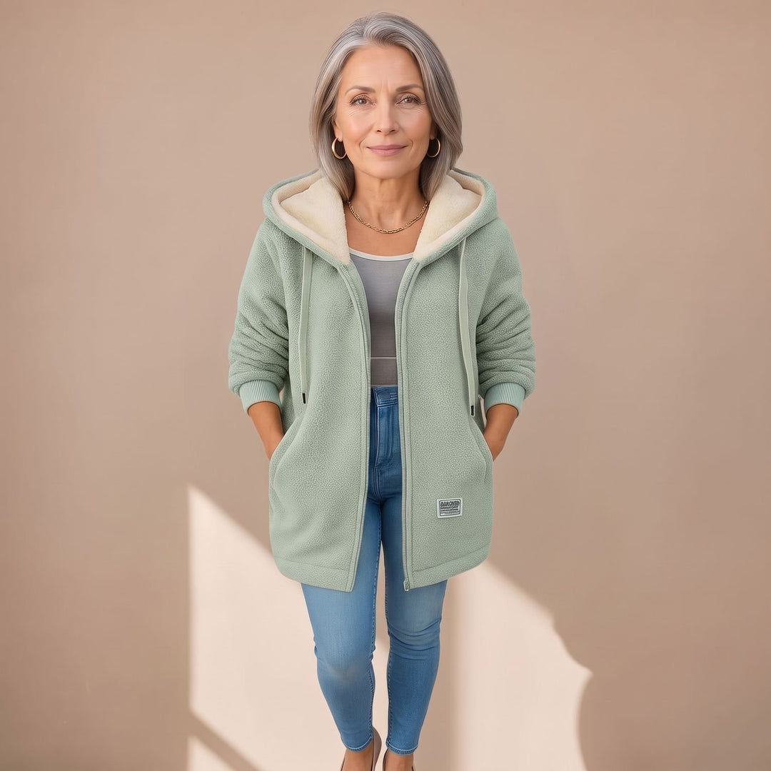 Women's Sherpa Fleece Hooded Zip-Up Long Jacket - Green